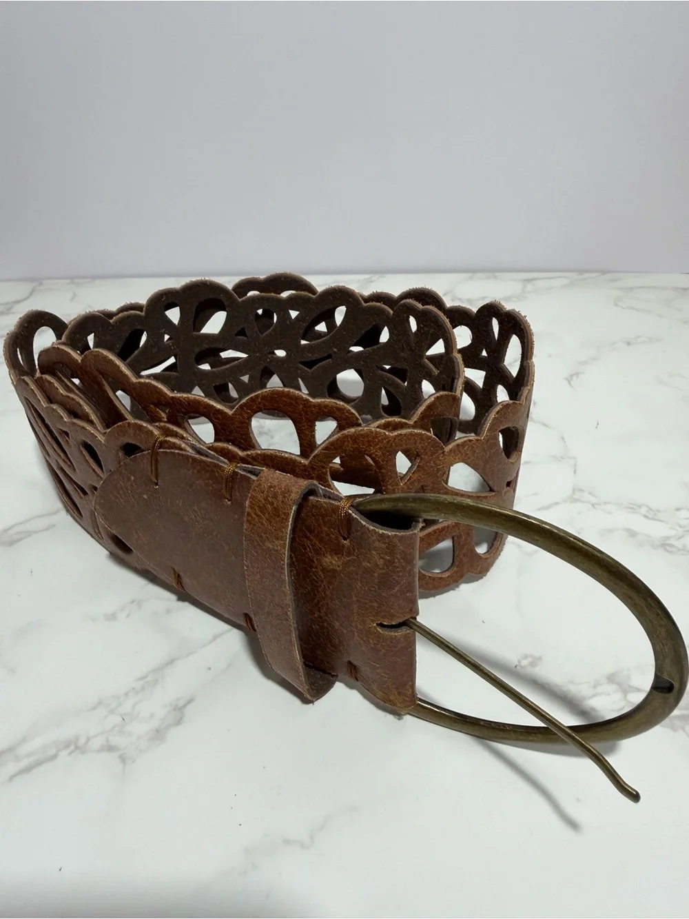 Vintage Brown Boho Cut Out Faux‎ Leather Belt with Brass Buckle -- L